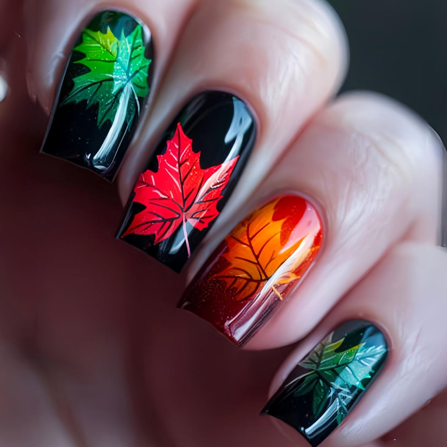 Autumn Thanksgiving Day Press on Nails Medium Square Shaped Artificial Acrylic Nails Colorful Maple Leaf Stick on Nails Full Cover Reusable Coffin Artificial Fingernails for Women Festival 24Pcs