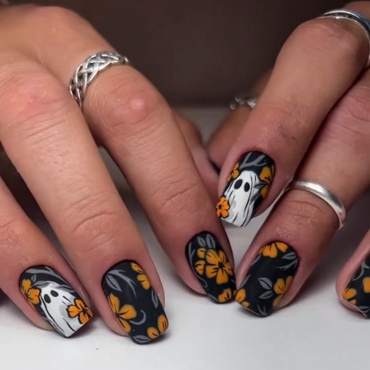 144 Pcs Halloween Press on Nails Short Medium Square Fake Nails 12 Size Ghost Pumpkin Matte Stick on Nail 6 Style Cute Halloween False Nails with Skull Acrylis Nails for Women(not include tooltik)