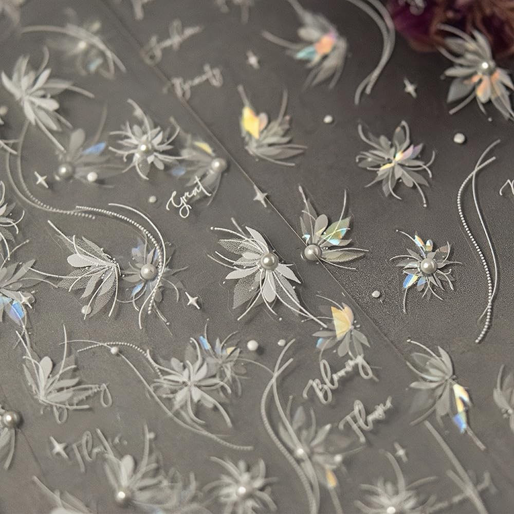 Fairy Pearled Nail Stickers 5D Embossed – Premium Salon-Quality Nail Charm Accessories, Easy Application & Self-Adhesive White Petals Decal for DIY Manicure, Nail Art, Press on, Home or Salon Use