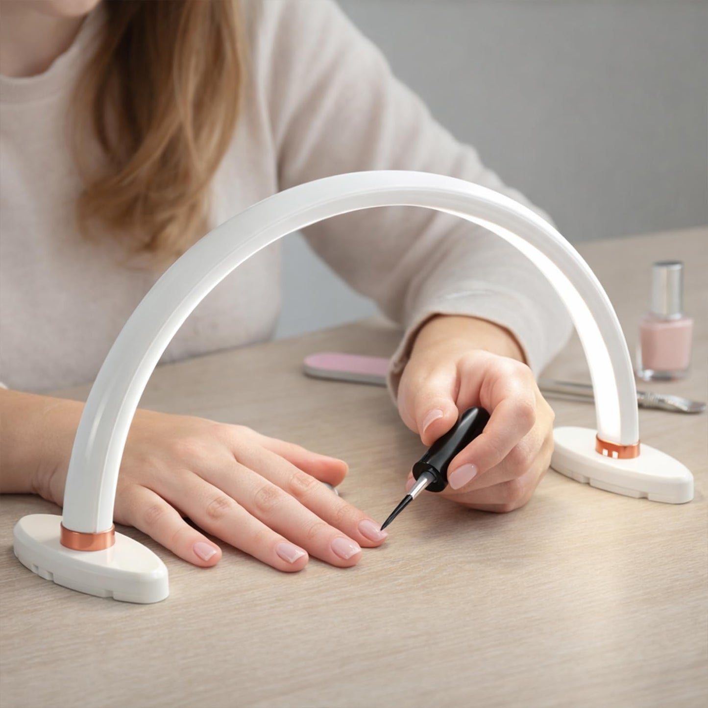 BZJ 16 inch Half Moon Light for Nail Desk Portable Nail Light with Liftable Base Desk Lamp No Flicker & Shadow for Desk Salon Table Use, 3 Color Temperature