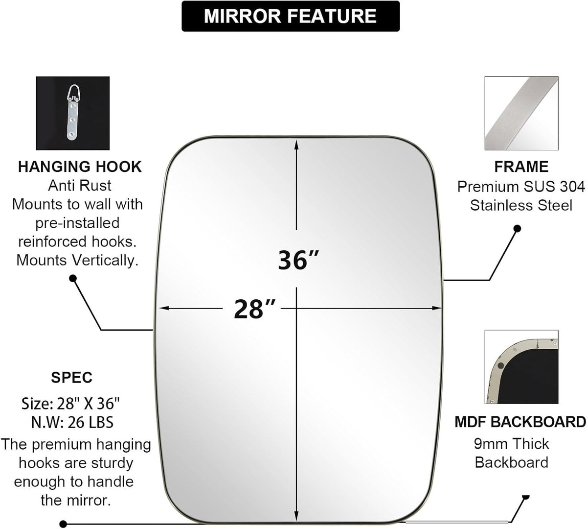 ANDY STAR Brushed Nickel Mirror, 28x36 Inch Stainless Steel Metal Frame Oblong Bathroom Mirror for Vanity, 1’’ Deep Wall Mounted Vertically/Horizontal