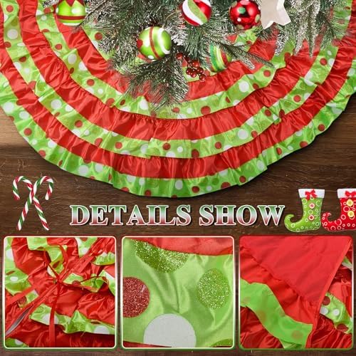 yuboo Green and Red Christmas Tree Skirt, 48 Inch Ruffle Tree Skirt with Polka Dots, Large Fluffy Vintage Xmas Tree Mat for 6-7.5 FT Artificial Trees, Halloween Christmas Tree Decorations