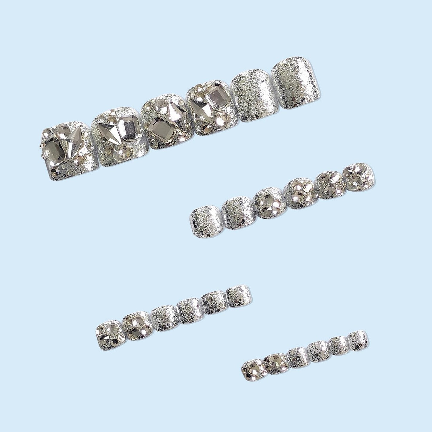 MISUD Press on Toenails - Fake Toe Nails with Bling Silver Glitter, Acrylic Sparkly Rhinestone Design 24 pcs
