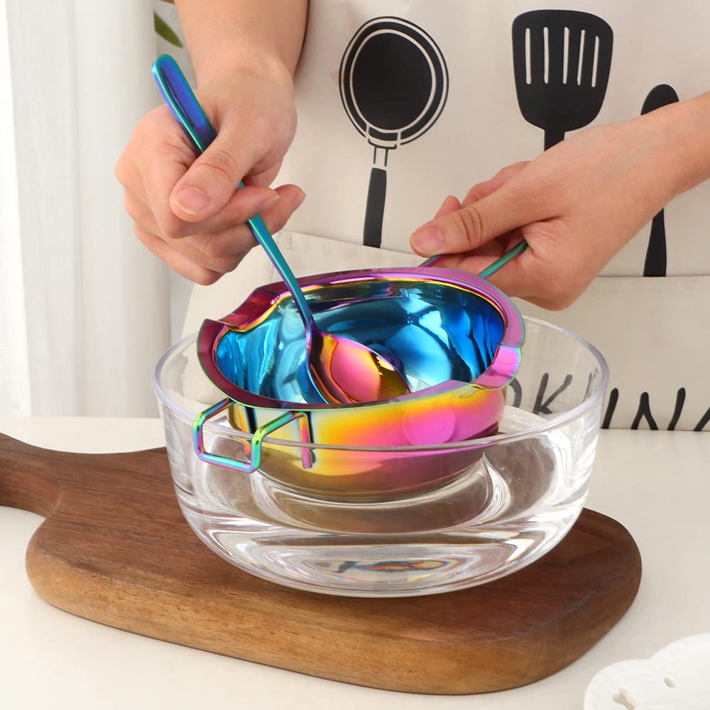 BISDARUN Double Boiler Melting pot with Spoon Set, 400ml Stainless Steel with Handle, Candle Making Potpourri for Melting Chocolate, Candy, Candles, Soap (Rainbow Color)