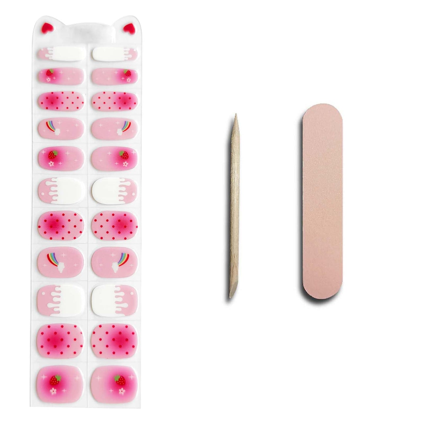 YIZHUO Kids Gel Nail Strips 22PCS - Strawberry Pink Polka Dot Designs, Semi-Cured Nail Wraps for Girls, UV/LED Light Required