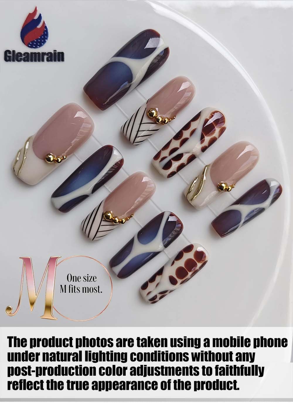 Gleamrain 10pcs Handmade Long Press-on Nails Coffin Shape (M Size) with Designs Nude Press on Nails for Women Suitable for Summer Vacation, Beach Proms, Parties or Daily Wear, D105