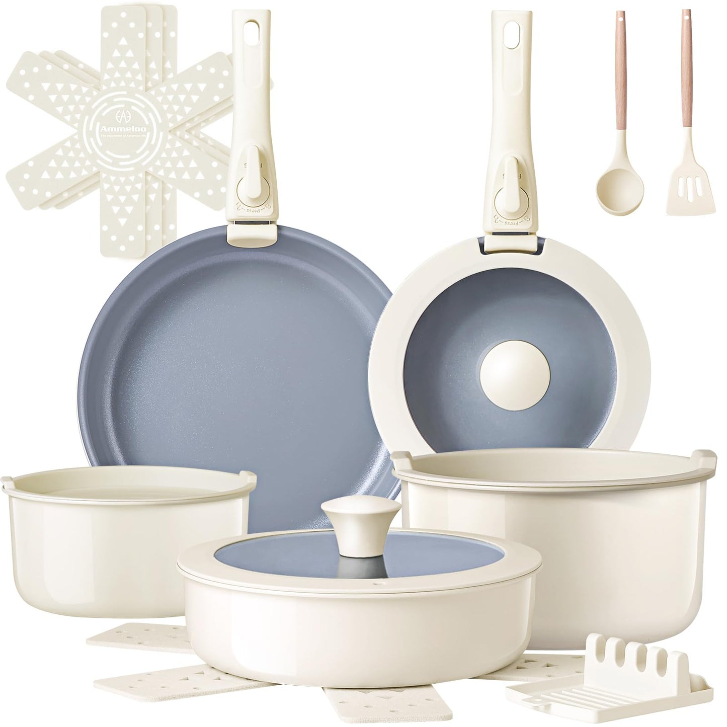 Ammeloo 18-Piece Ceramic Pots and Pans Set Non Stick, Non Toxic Cookware Set with Removable Handles, Pot Sets for Cooking, Induction Ready, Dishwasher & Oven Safe, PFAS PFOA & PTFE Free (Cream White)