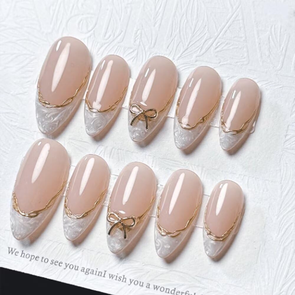 MAGLFELL Press On Nails Almond Shape Hnadmade Fake Nails, Acrylic Nails Cute Bow French Reusable Artificial Almond False Nails for Women (Size M)