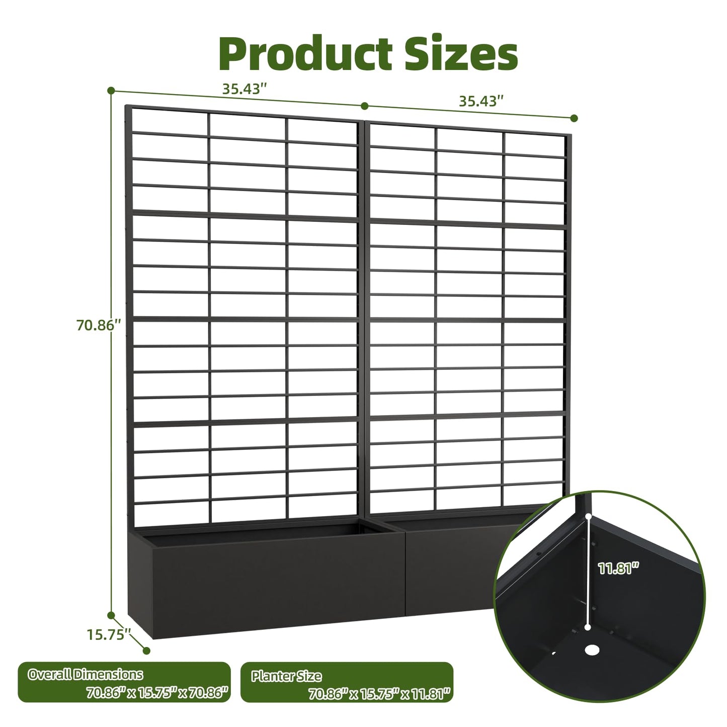 Trygoal Metal Planter Box with Trellis, 35" Lx15.7 Wx70.8 H Metal Raised Garden Bed with Trellis and Drainage Holes, Outdoor Standing Flower Bed for Climbing Plants,Vegetables,Vines, 2PCS