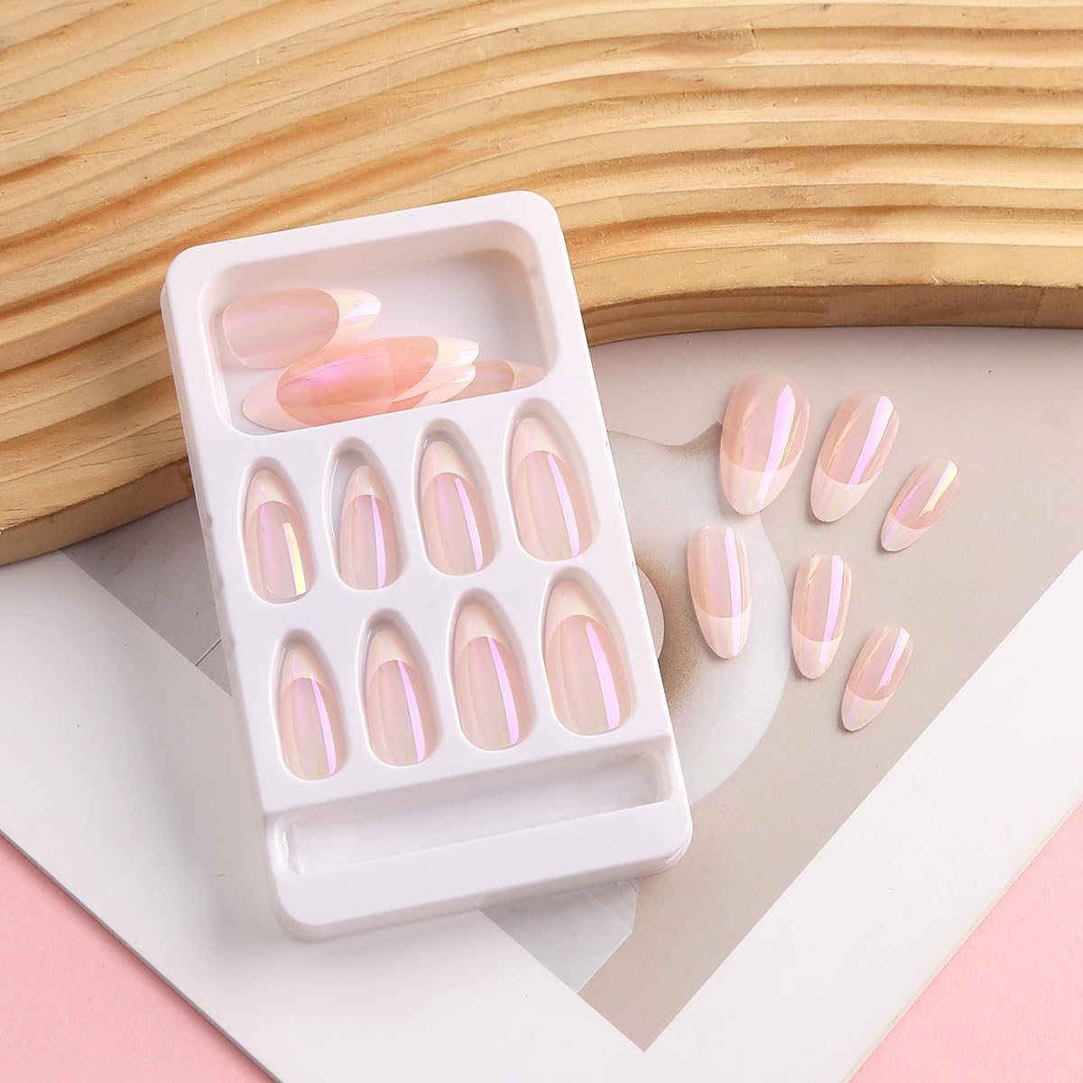 French Tips Press On Nails Almond Chrome Glossy Pearl Powder Full Cover Acrylic Nails with Mirror Glue Ons for Women - 24 Pcs