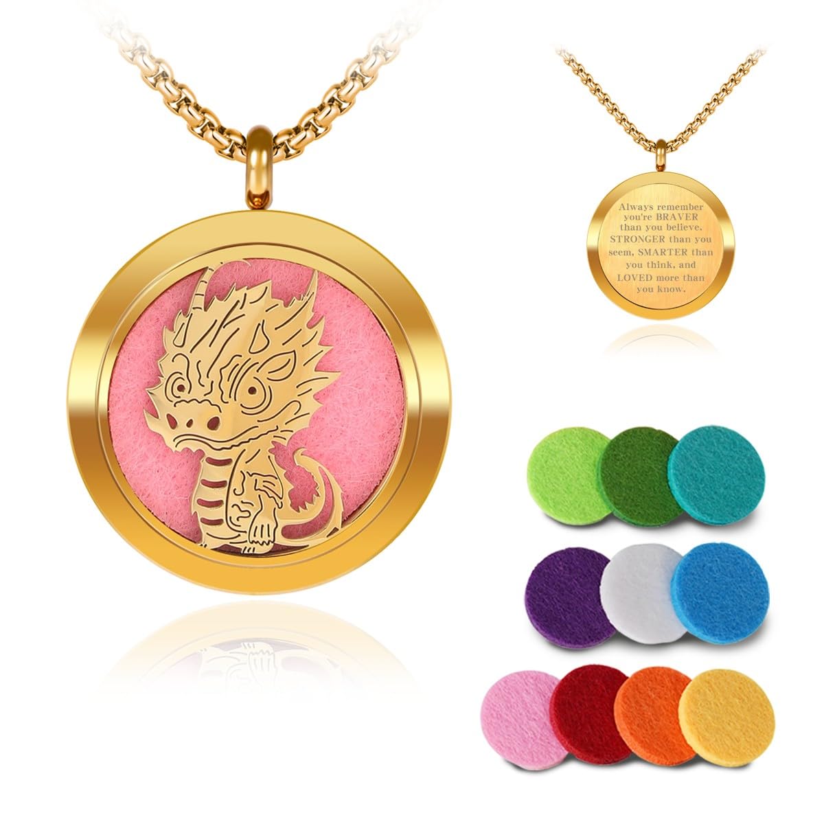 Aromatherapy Diffuser Necklace-Dinosaur Essential Oil Necklace,Aromatherapy Diffuser Pendant for Men and Women,Portable,Suitable for Yoga,Meditation,Travel,Stress Relief Gift(Gold 30mm)