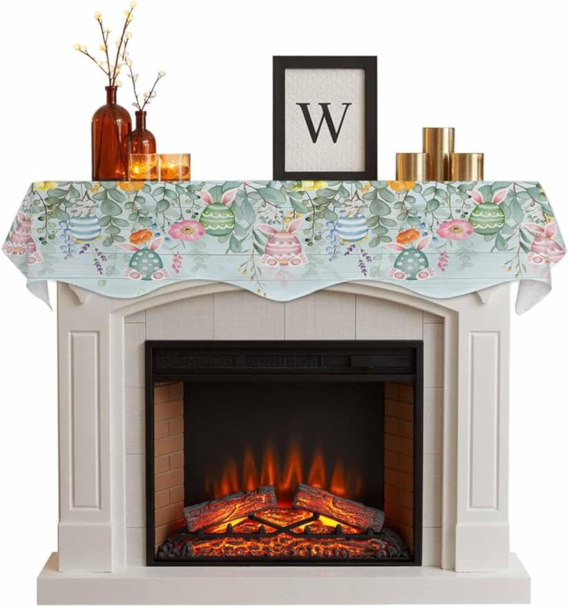 Easter Fireplace Mantel Scarf Table Runner, Spring Eggs Eucalyptus Branch Floral Wooden Winter Garland Mantel Top Tablerunners Dresser Scarves Cover Decorations for Windows Party Living Room 90''x17''