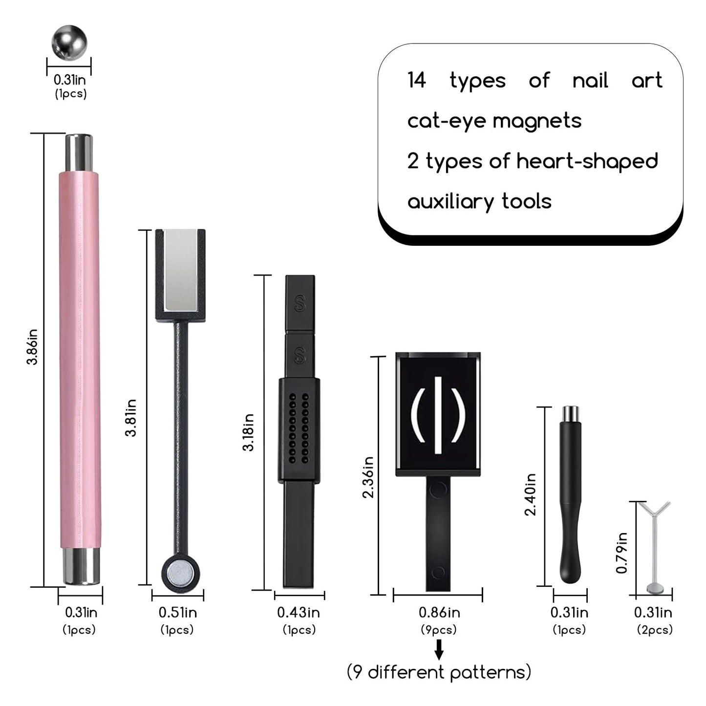 YECIRALA 14Pcs Cat Eye Magnet For Nails Magnet Tool Set With 2 Pcs Y-Shape Iron Molds, Double-Side Cylinder And Bead Cat Eye Gel Nail Polish Magnet For Nails Different Magnet Sticks Design Tools