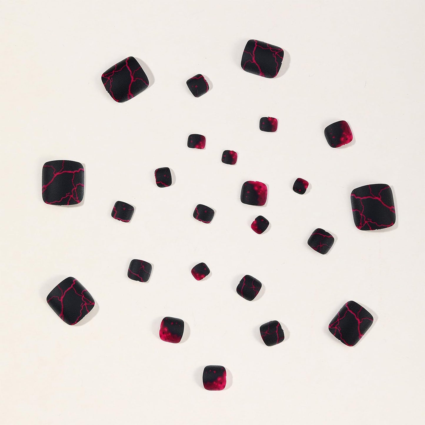 IMRAIN Press on Toe Nails Short Square Fake Toenails Full Cover Black Matte Acrylic False Toe Nails with Red Lightning Designs Glue on Toenails Y2K Toe Nail Supplies 24Pcs