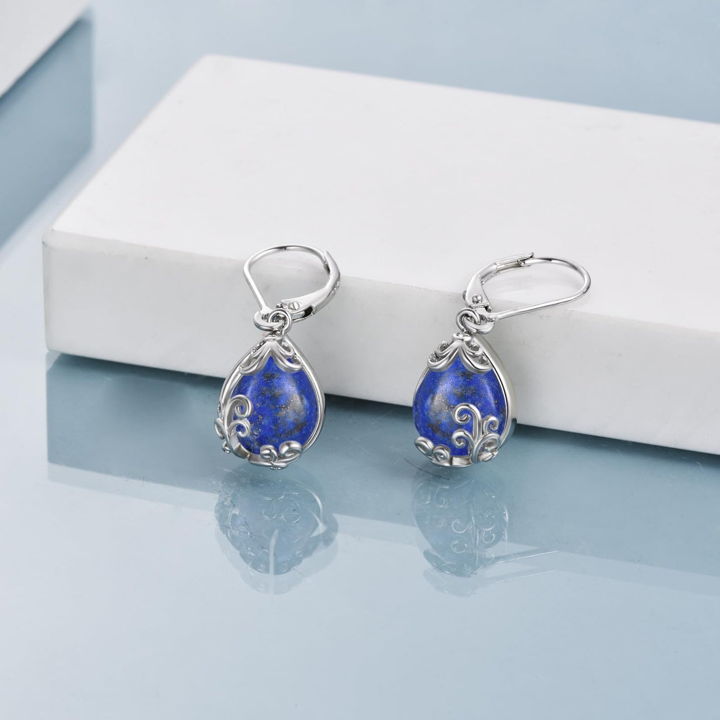 POPLYKE Lapis Lazuli Filigree Teardrop Drop Dangle Earrings Sterling Silver Crystal Leverback Earrings Jewelry for Women