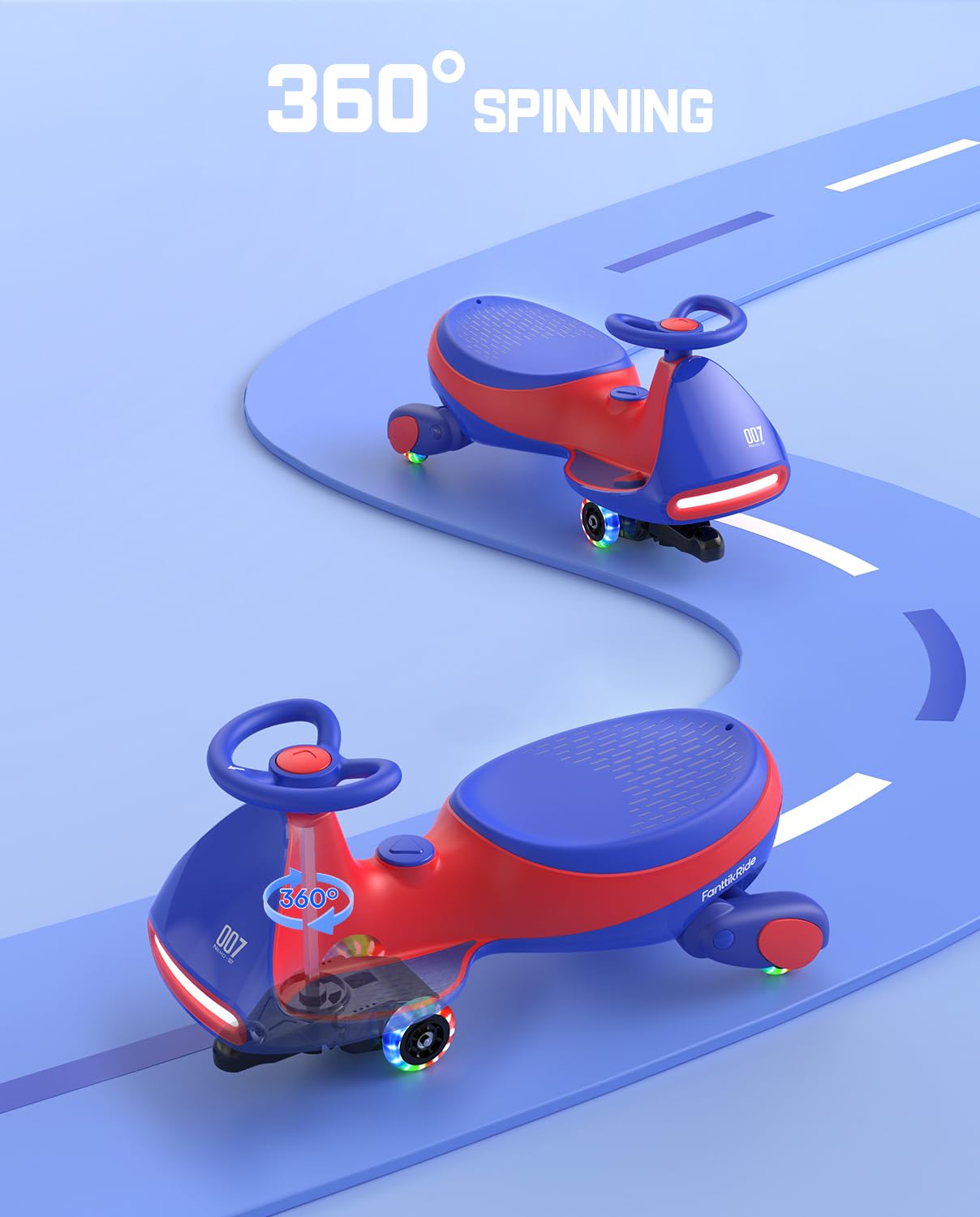 FanttikRide N7 Pro Electric Wiggle Car with Pedal, Rechargeable Battery, CyberWiggle, 2 in 1 Swing Car, 2 Speeds Max 4 Mph, Anti-Rollover, Flashing Wheels, Bluetooth, Ages 3+, 150 Lbs, Blue