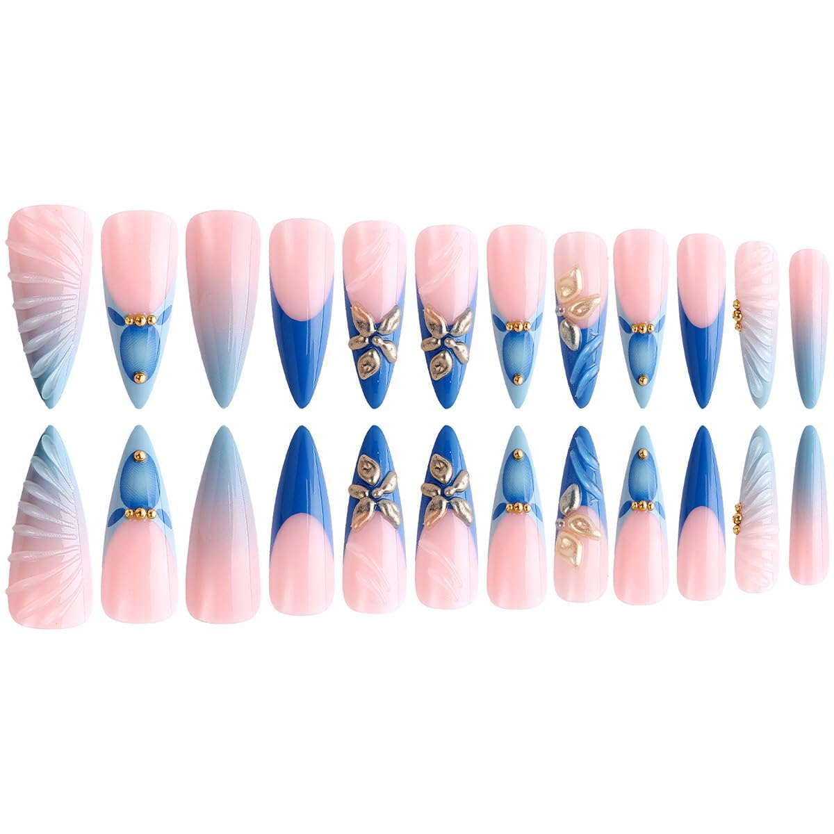 plalely Stiletto Press on Nails Long Blue Fake Nailwith 3D Charms Acrylic Nail Press ons Golden Embossed Stick on Nails for Women 24pcs