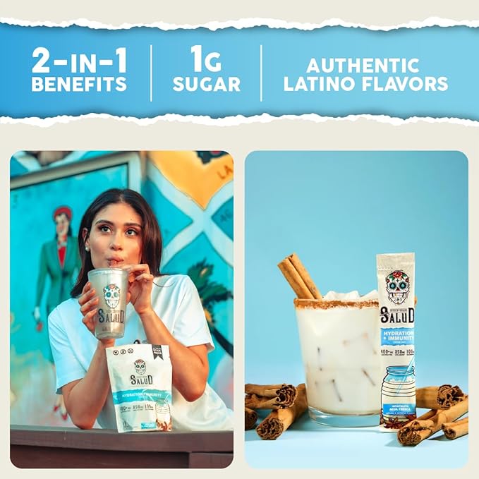 Salud 2-in-1 Hydration Packets + Immunity Electrolytes Powder, Horchata - Agua Fresca Drink Mix, Elderberry, Dairy & Soy Free, Non-GMO, Gluten Free, Vegan, Low Calorie, 1g Sugar (15 Servings)