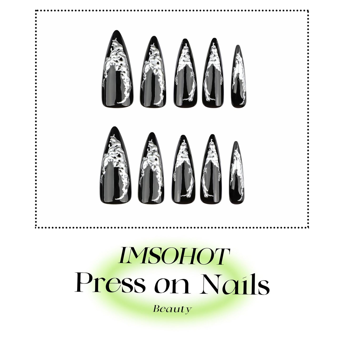 IMSOHOT Press on Nails – 3D Silver Edge, Long Stiletto Fake Nails Black Ombre Glossy Full Cover Reusable Acrylic Glue on Nails Y2K Goth Gel False Nails