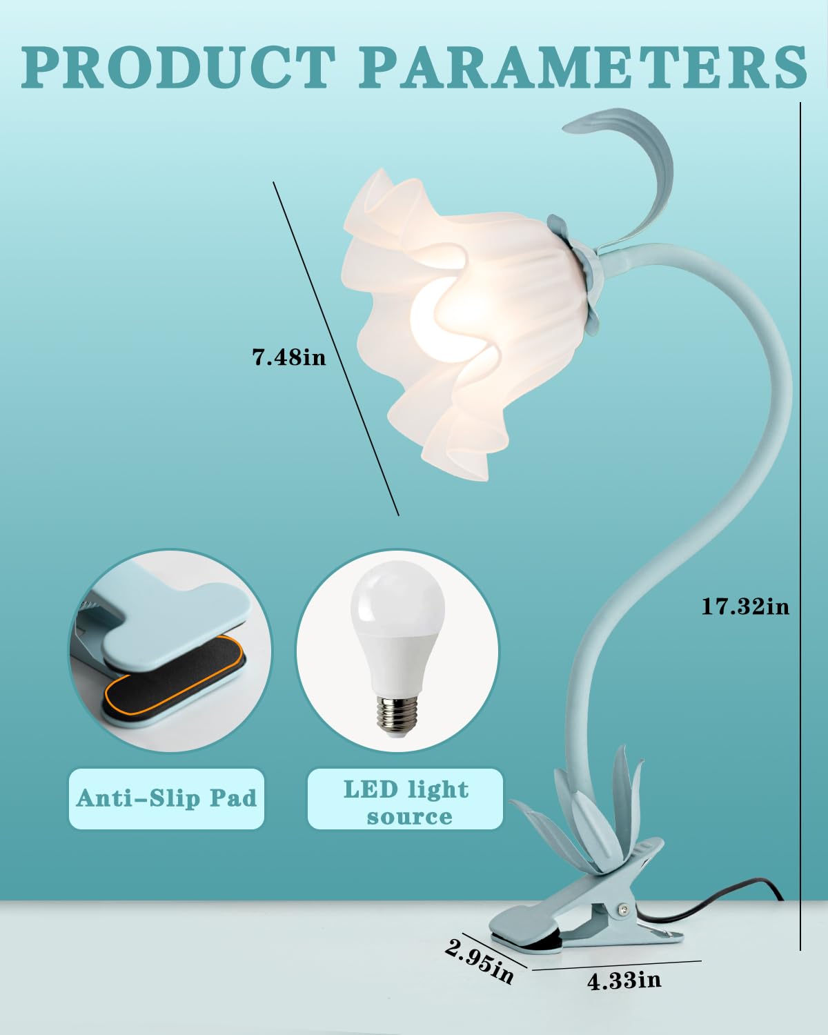 WERFOP Flower Lamp Clip on Light, 3 Color Modes Eye-Caring Desk Lamp with Clamp, Dorm Room Essentials, Flexible Neck Reading Clamp Lamps for College Bedside Bookshelf Studying Room (Powder Blue)