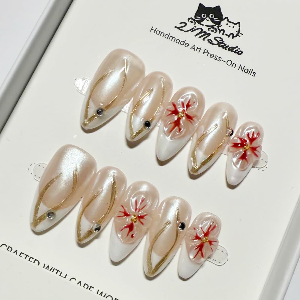 2IM Studio Handmade Press On Nails, Elegant Nude 3D Floral French Tip with Pearl Rhinestones, Almond Medium Length Full Cover Thick Reusable Acrylic Nail Kit for Women 10PCS (Golden Peony-M)