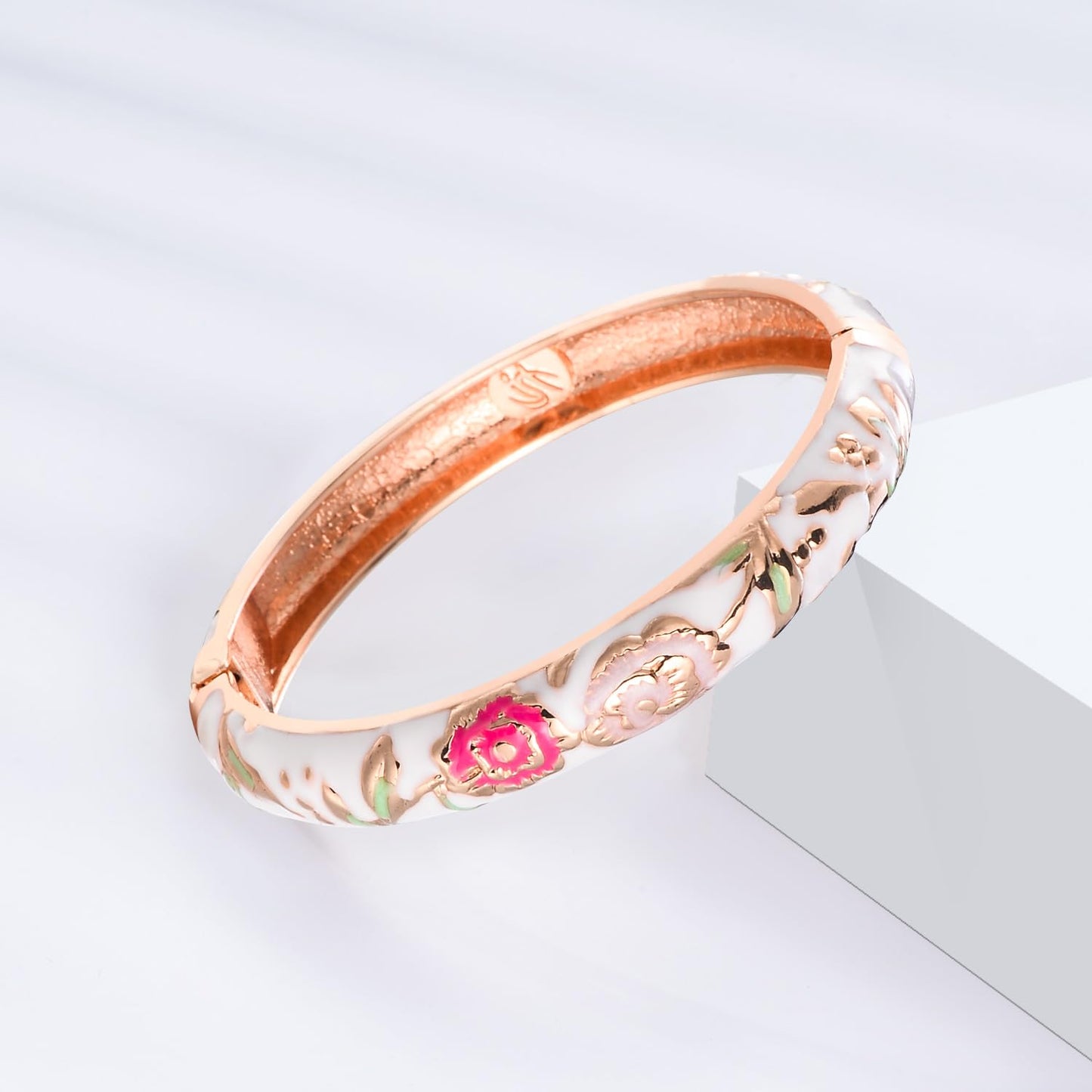 UJOY Vintage Jewelry Cloisonne Handcrafted Enameled Flower Gorgeous Rhinestone Hinged Cuff Bracelet Bangles Gifts 88C06-55A106 Pink White
