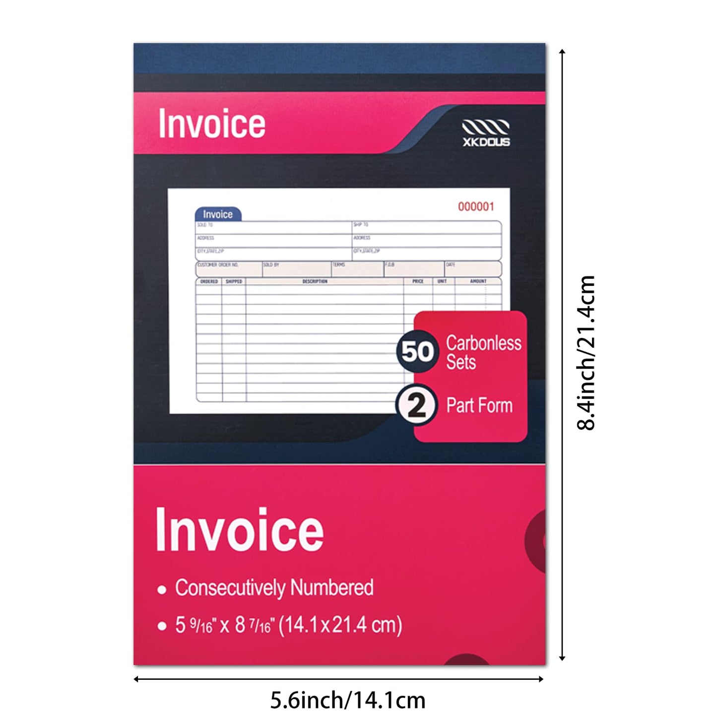 XKDOUS 10 Pack Invoice Book, 2-Part Carbonless, 5-9/16" x 8-7/16" Invoice Receipt Book for Small Business, 50 Sets per Book