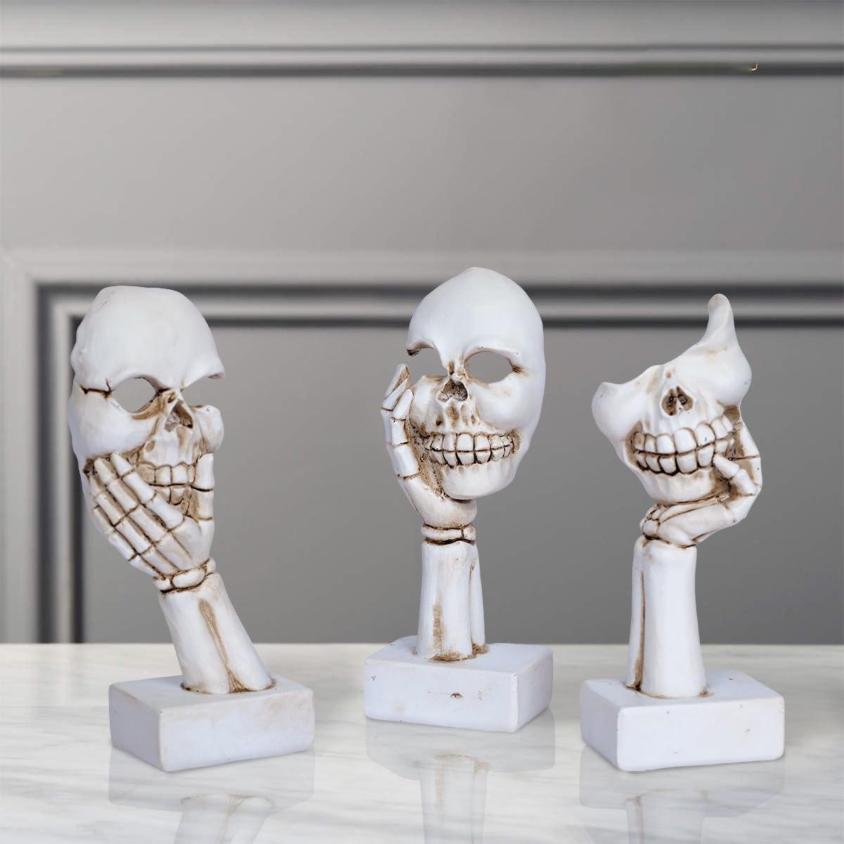 3 Pieces Face Halloween Skeleton Statue Mask Halloween Skull Figurine Home Decor 6.5”Funny Skeleton Collectible Figurines Gothic Desk Ornaments for Indoor Living room Office Table Shelf Bookshelf