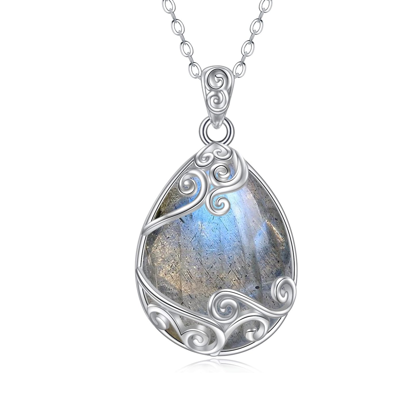 YAFEINI 925 Sterling Silver Labradorite Filigree Teardrop Pendant Necklace for Women