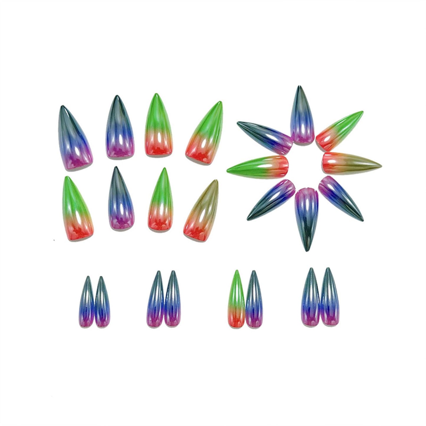 SINHOT Stiletto Press on Nails - Long Fake Nails, Glossy Finish, Colorful Chrome & Metallic, DIY Artificial False Nail Art - 24 Pcs Nail Kit with Glue