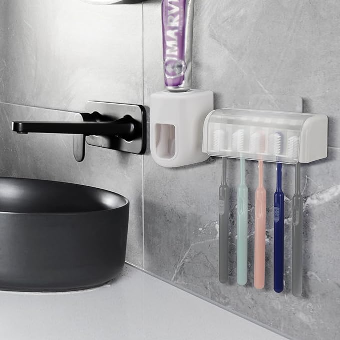 5 Slots Wall Mount Toothbrush Holder with Cover, Self Adhesive Toothbrush Storage Organizer for Shower, Toothbrush Hanger with Automatic Toothpaste Squeezer Dispenser