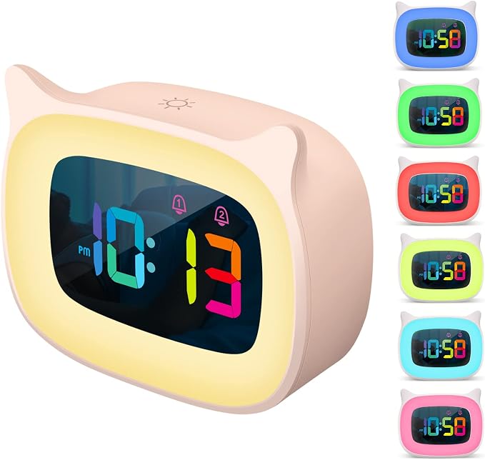 Cute Cat Ear Alarm Clock with RGB 7 Color Night Light,Pink