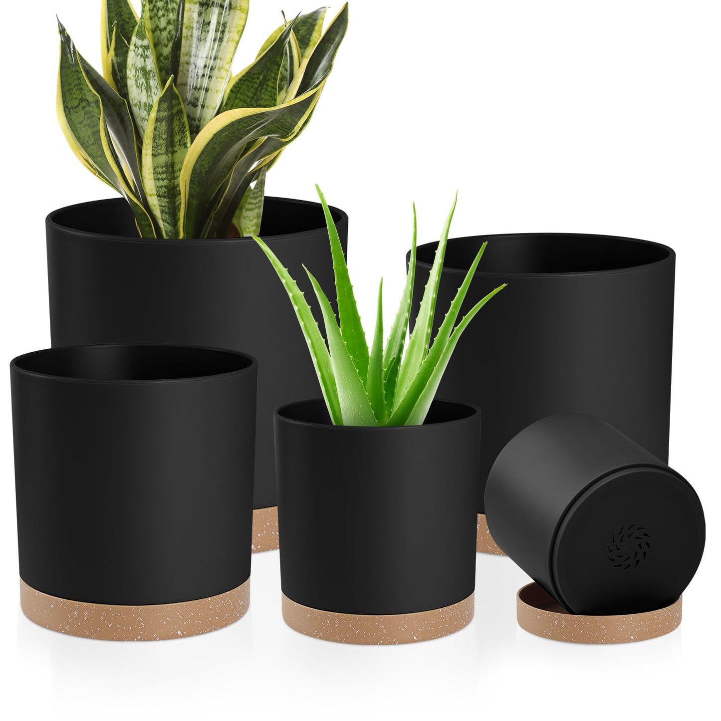 YNNICO Plant Pots with Drainage Holes and Saucers – 7, 6.5, 6, 5, 4 Inch Plastic Planters for Indoor Outdoor Plants, Modern Matte Finish, Lightweight & Durable（Black）