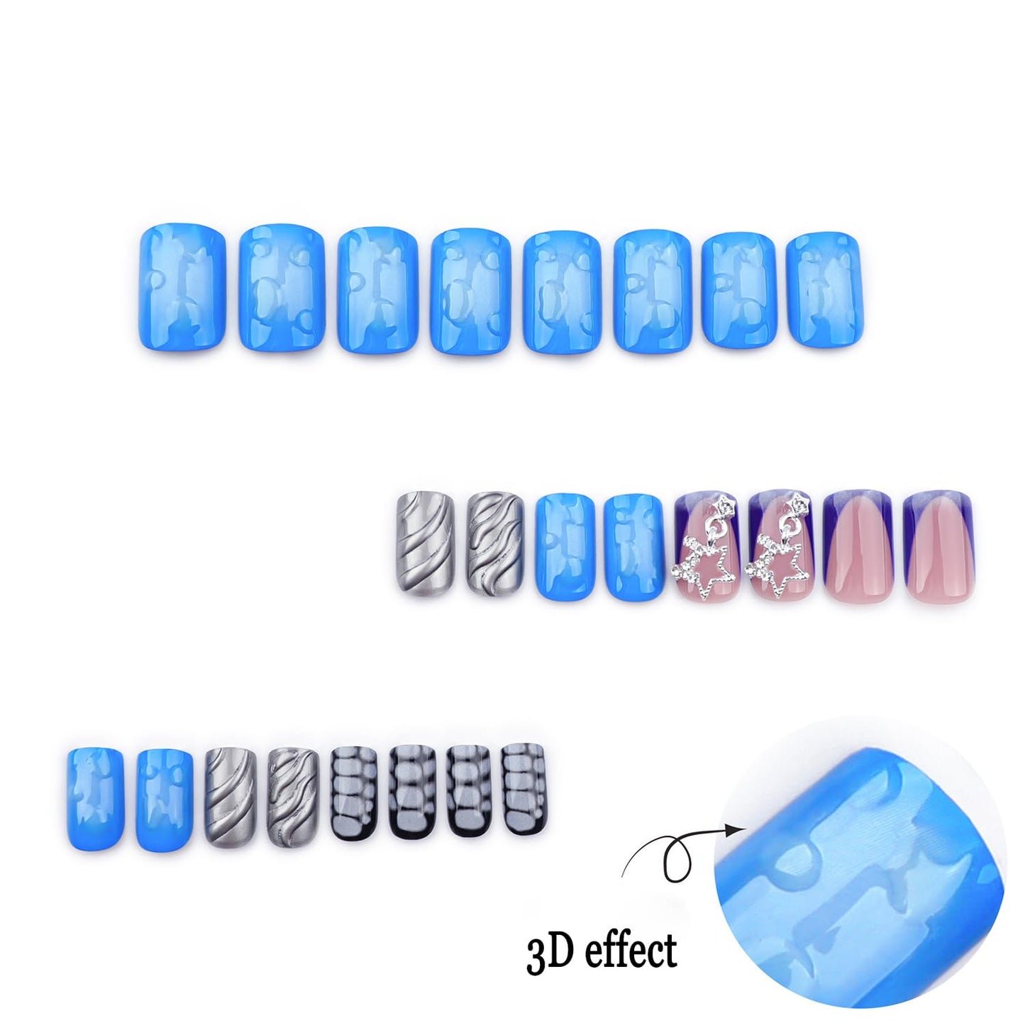 3D Press On Nails - Short Square Metal Stars Chain Design False Nails - Full Cover Blue Smudge Artificial Acrylic Coffin Nails - Reusable Glue On DIY Stick On Nails for Women - 24 Pcs