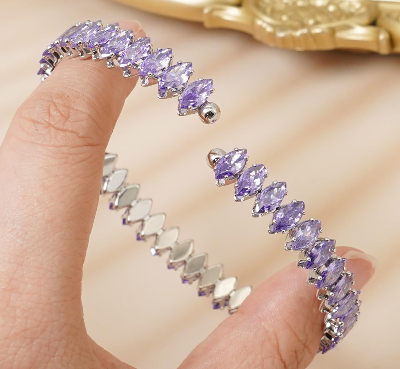 Wovanoo Rhinestone Cuff Bracelet Cubic Zirconia Tennis Bracelets Open Adjustable Bangle for Women Silver Purple