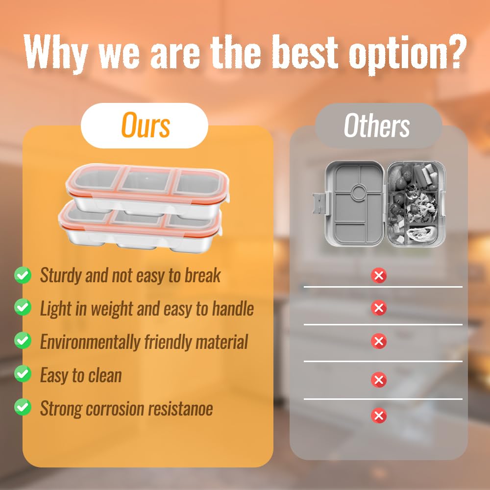 FLEXARO Set of 3 Pack Stainless Steel Snack Container,3 Compartment Bento Lunch Box with Leakproof Grey & Orange Lid,Reusable Metal Food Storage Container,Portable Snack Box for Work,1.5 lb Capacity