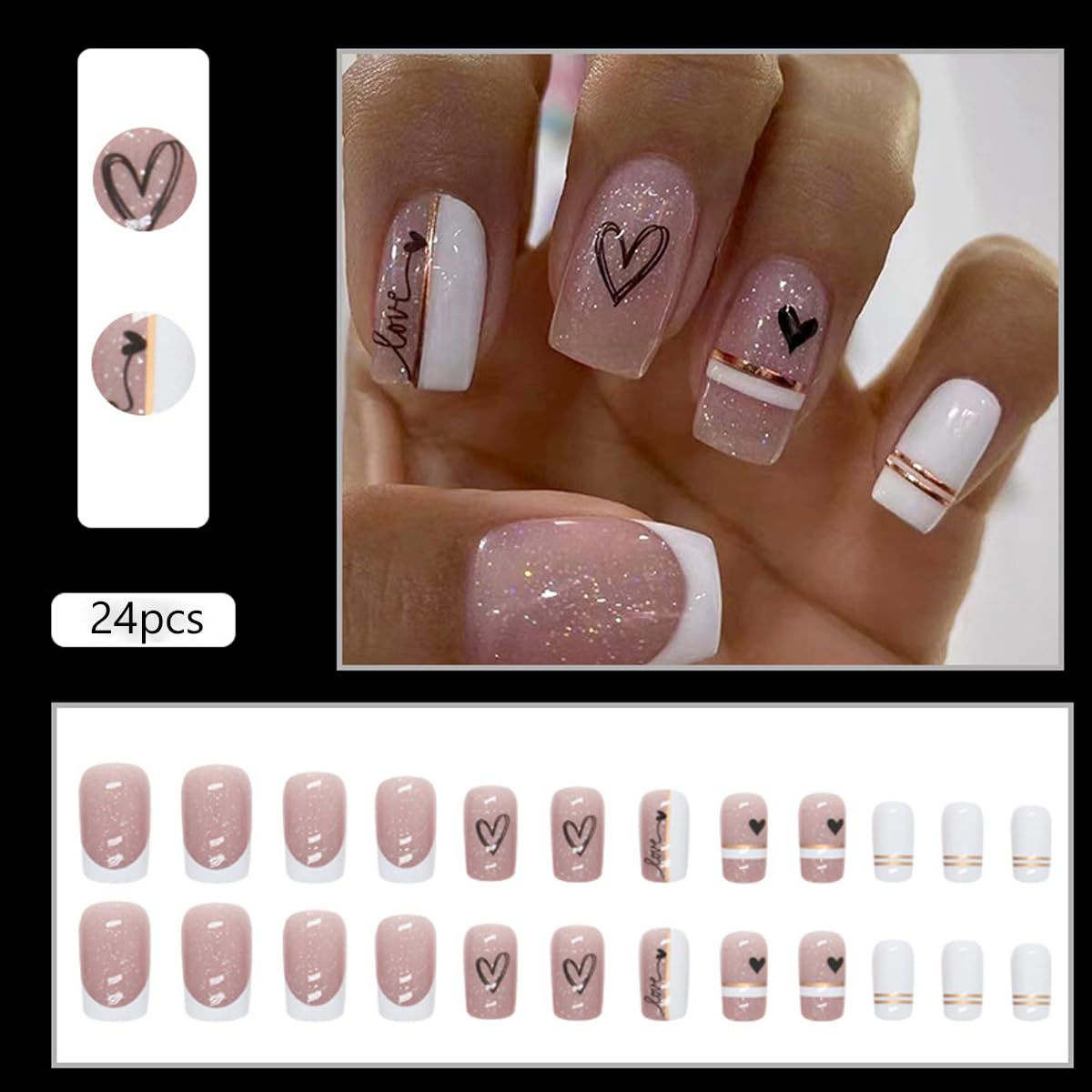 Square Press on Nails Medium French Tips Fake Nails with Glitter Powder Designs Glossy Full Cover Silvery Acrylic False Nails with Black Heart Designs Reusable Glue on Nails for Women 24PCS