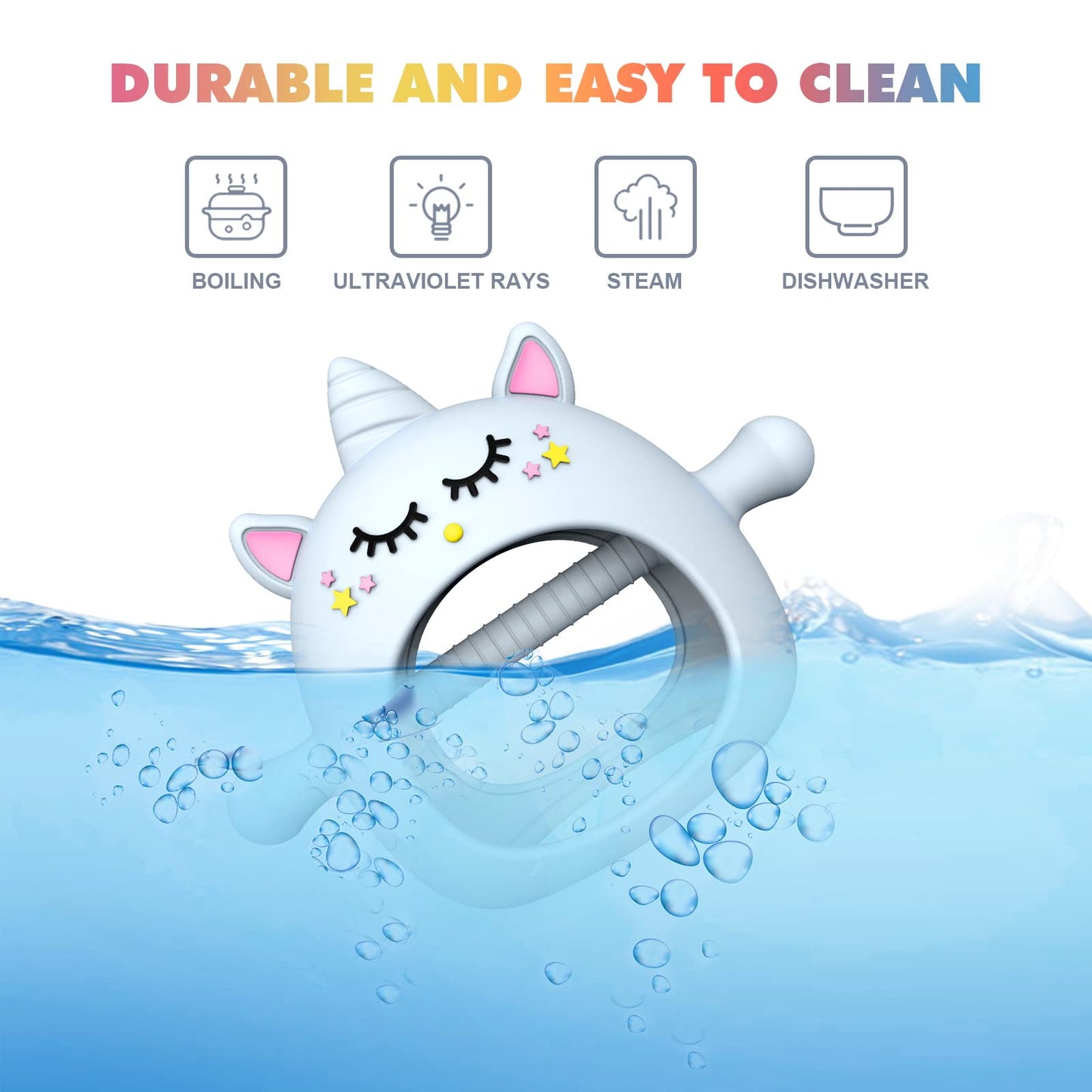 Teething Toys for Babies 0-6 Months, Tinabless Unicorn Never Drop Silicone Teether for Babies 6-12 Months, Hand Pacifier for Breast Feeding Baby, Baby Chew Toys Freezer Safe for Newborn, Blue