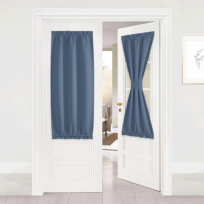 NICETOWN Door Curtain for Window, Short Curtains for Bedroom Living Room Rod Pocket Thermal Insulated French Door Shade for Glass Patio Front Back, 1 Panle, 25 x 50 inches Long, Stone Blue
