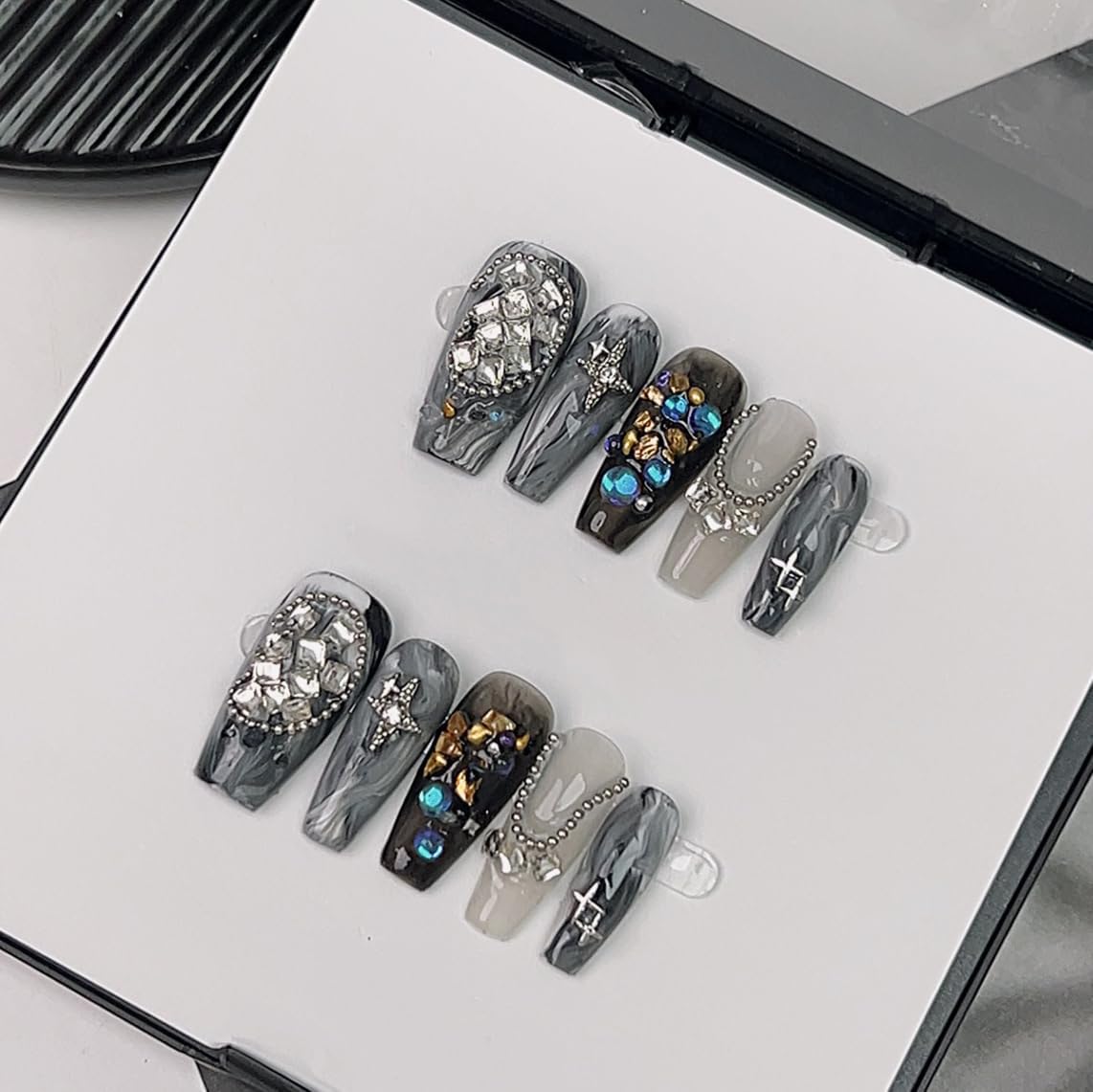 LIFOOST Long Coffin Press on Nails Handmade False Nails with Full Diamond Designs, Grey Y2k Luxury Reusable Fake Nails Stick on Nail, Size Small