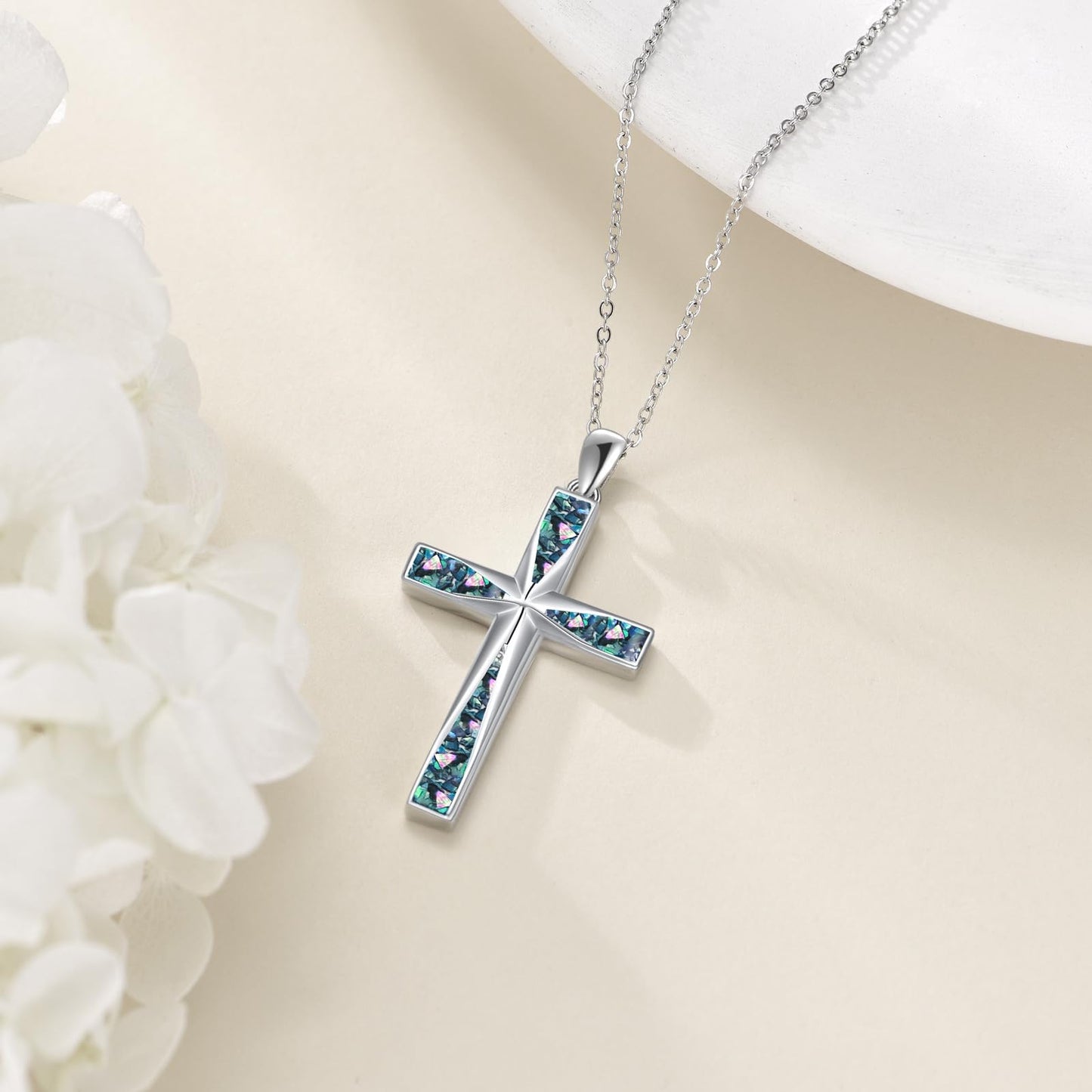 ONEFINITY Cross Necklace Sterling Silver Origami Abalone Shell Cross Pendant Necklace Religious Jewellery Gifts for Women Men