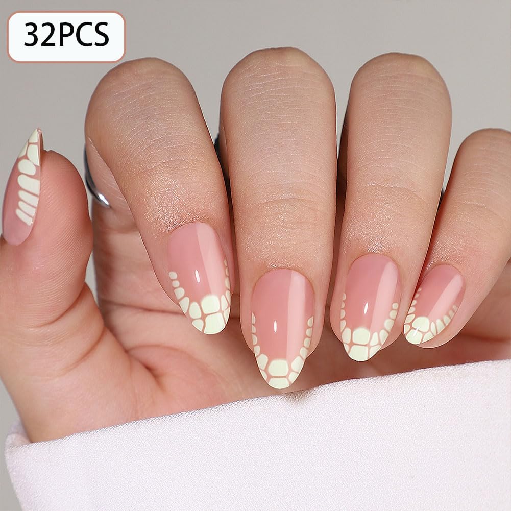 WAFOLOZE French Tip Press On Nails - White Crackle Almond Press On Nails Short Fake Nails with Nail Glue, Artificial Nails 16 Sizes - 32Pcs False Nails Tips Kit,Stick On Nails for Women