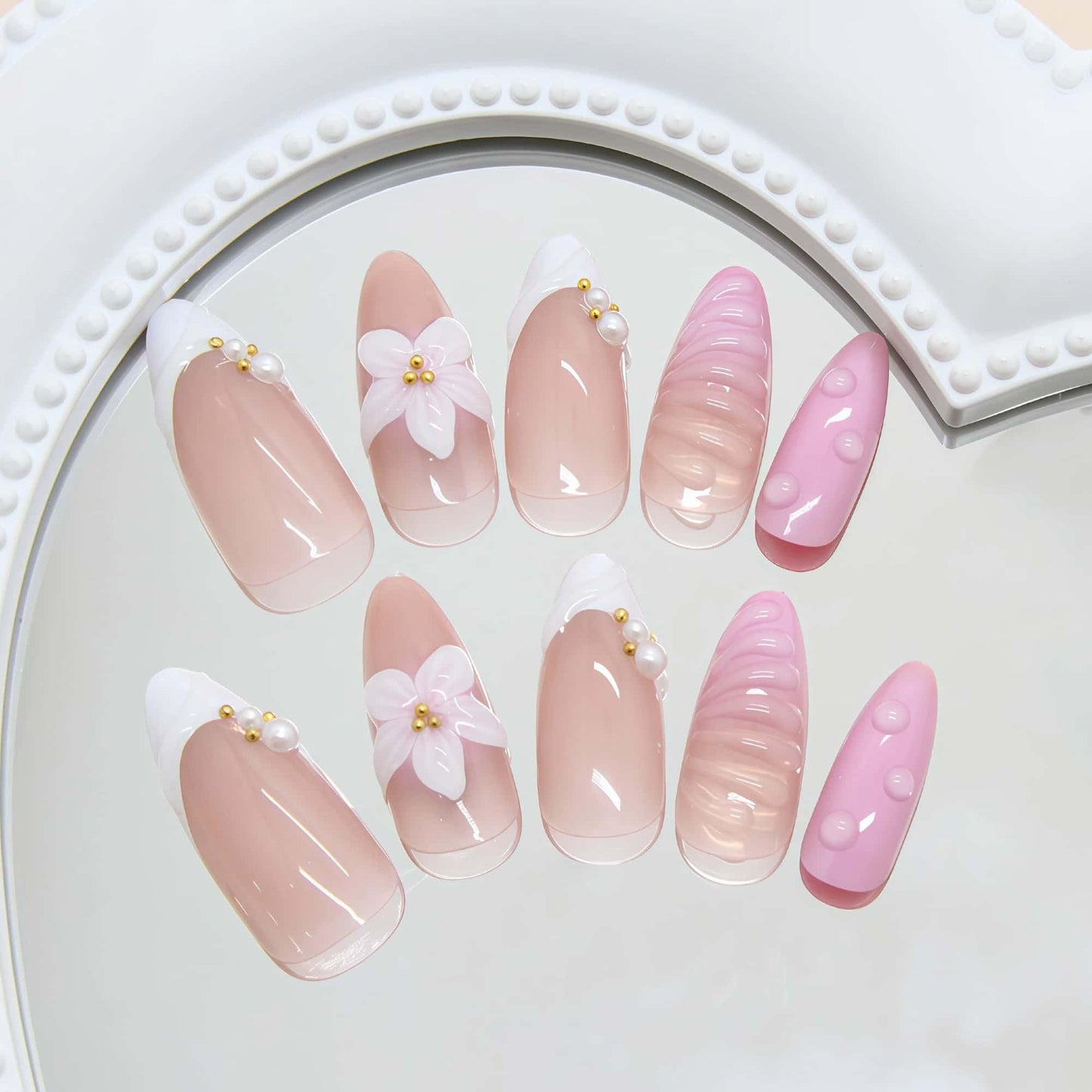 French Medium Almond Press on Nails Pink Droplet Waves Design 3D Flower Fake Nails Full Cover Glue on Nails Removable Stick on Nails for Women 24 Pcs Artificial Nails