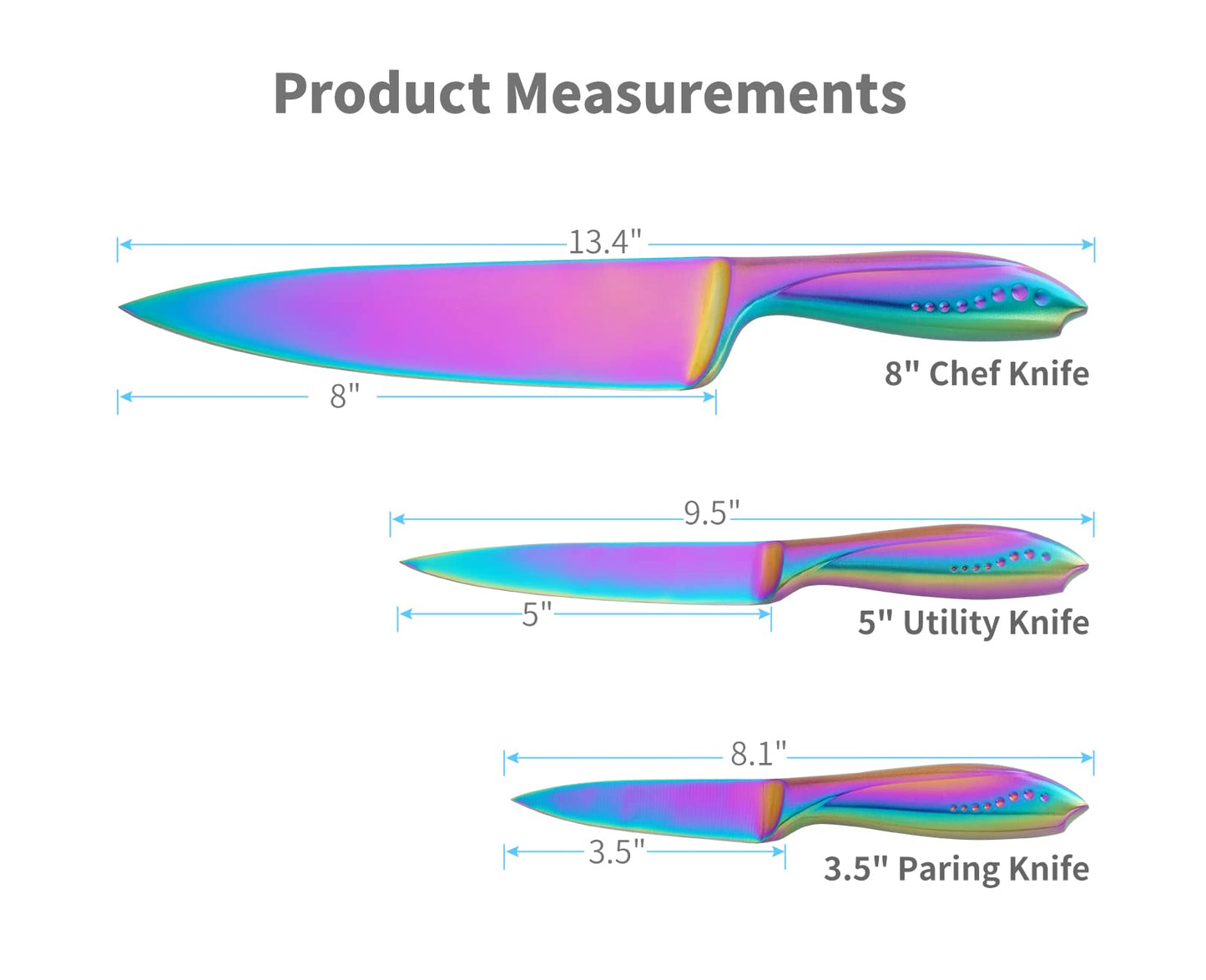 Hollory Rainbow Kitchen Knife Set 3 Piece, Razor Sharp German Stainless Steel Blade with 8 in Chef, 5 in Utility, 3.5 in Paring – Starter Set with Gift Box