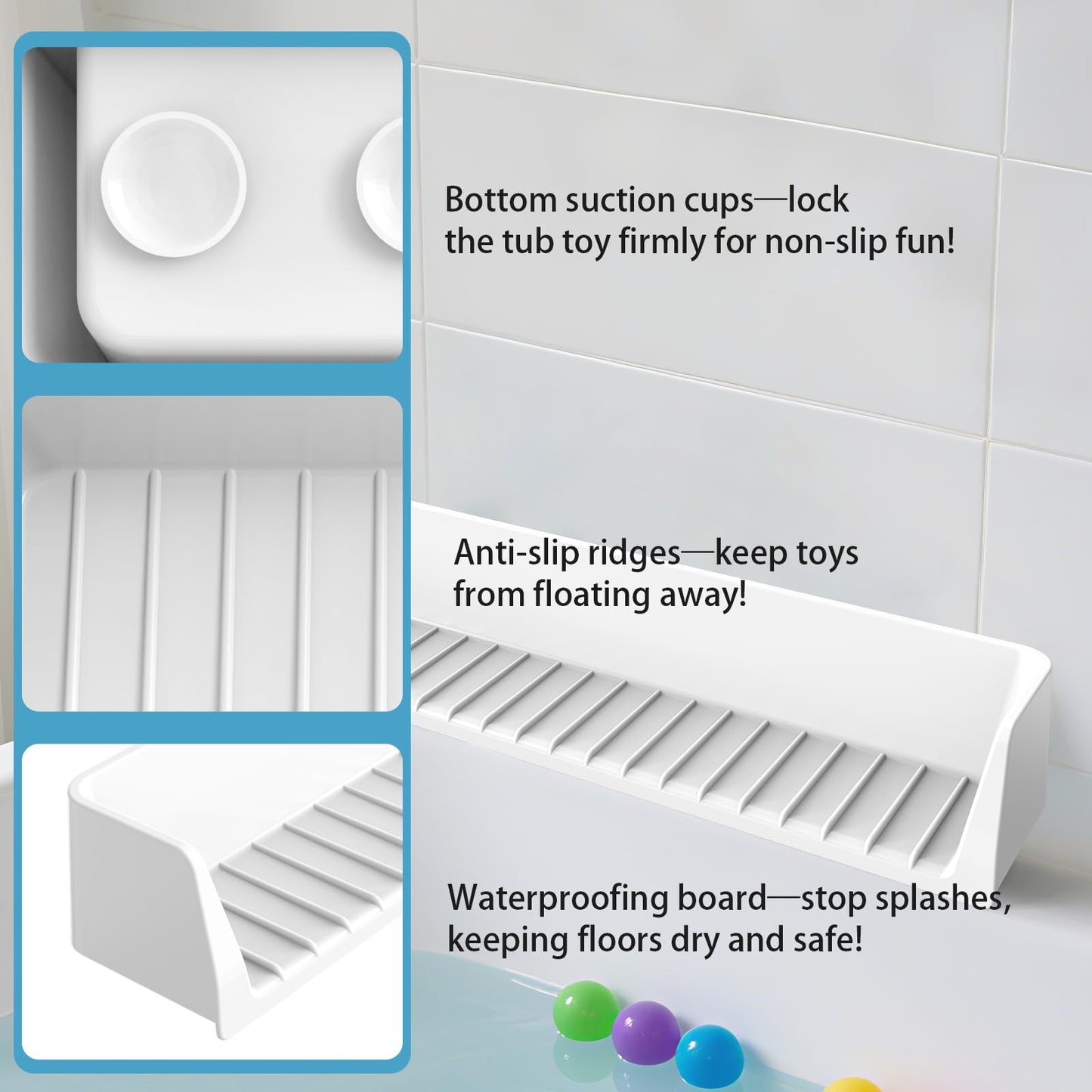 Blgiont Bathtub Splash Guard PlayPad Shelf Area with Strong Suction Cups, Toy Tray Caddy Holder Storage Over Tub, Bathtub Ledge Guard, No Mess Water, Splash Protection Water Barrier for Bathroom-White