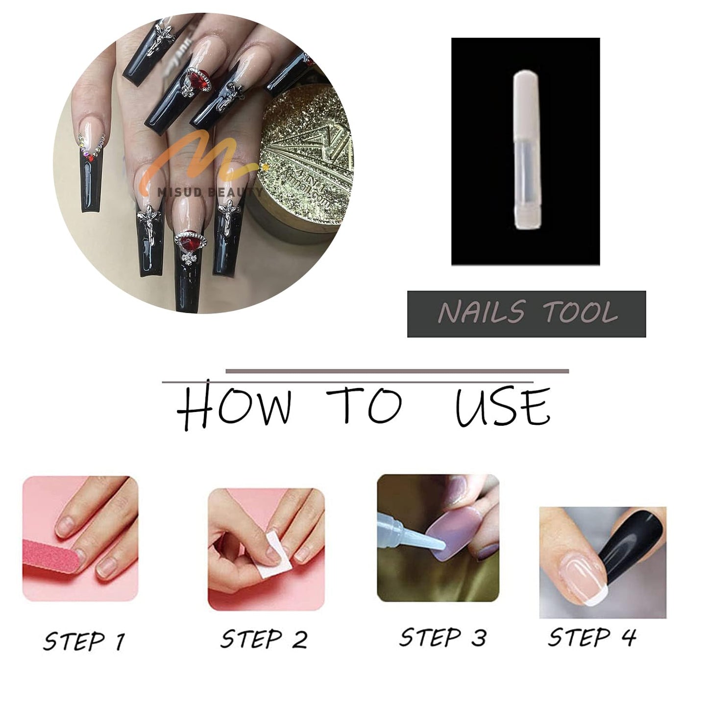 MISUD Press on Nails - Long Coffin Glue on Nails with Goth Black, Acrylic Gothic Cross Design 24 pcs