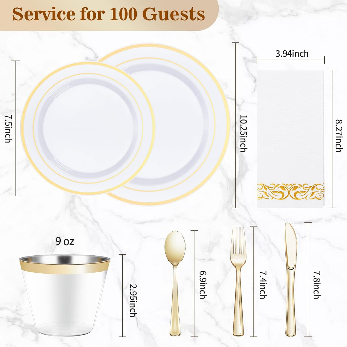 BESTVIP 700 PCS Gold Dinnerware Set for 100 Guests, Plastic Dinnerware Set for Party, Christmas, Halloween, Include: 200 Plastic Plates, 100 Gold Silverware, 100 Cups, 100 Paper Napkins