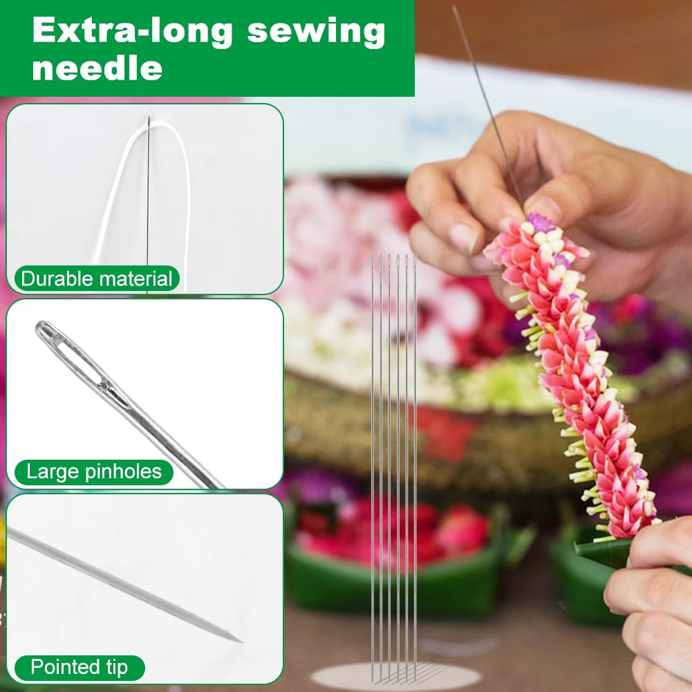 Ovrimelle 13 Pcs Lei Needle Kit, 6 Pcs 14 Inch Stainless Steel Long Lei Needle and 6 Rolls Twine 1 Sewing Scissors DIY Making Kit for Marigold Garland Hawaiian Flowers Bead Stitch Craft
