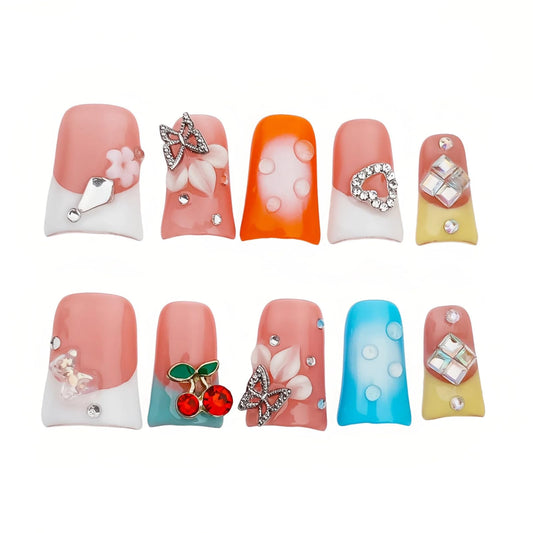 Tesytto Handmade Press on Nails Short Duck - 3D Floral Metallic Butterflies False Nails Luxury Rhinestone Cherry Petal Flower Design, Reusable Thick Acrylic Full Cover(Spring Bloom Pop,M)