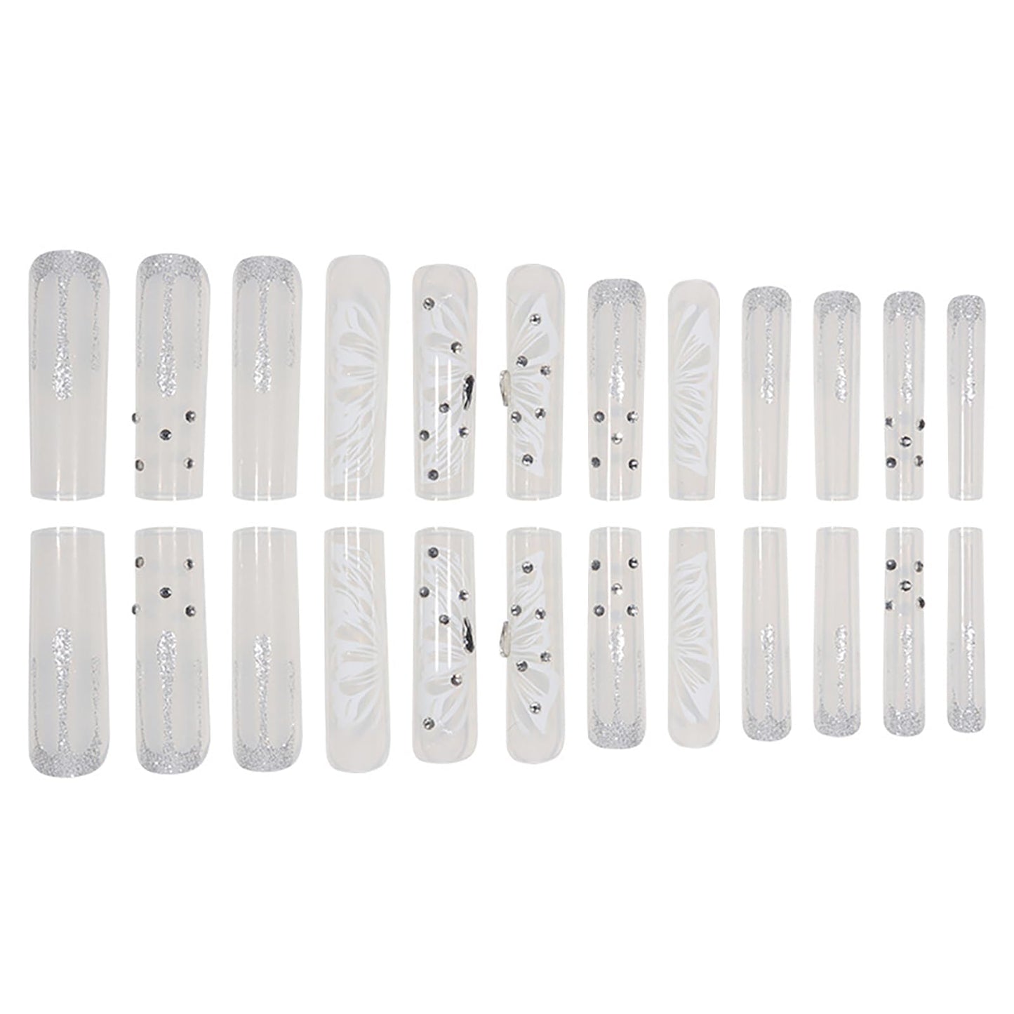 RTKHFZE Long Coffin Press on Nails Cute Acrylic Fake Nails Nude Glitter False Nails with Butterfly Pattern Designs Rhinestone Artificial Nails Full Cover Stick on Nail for Women 24Pcs